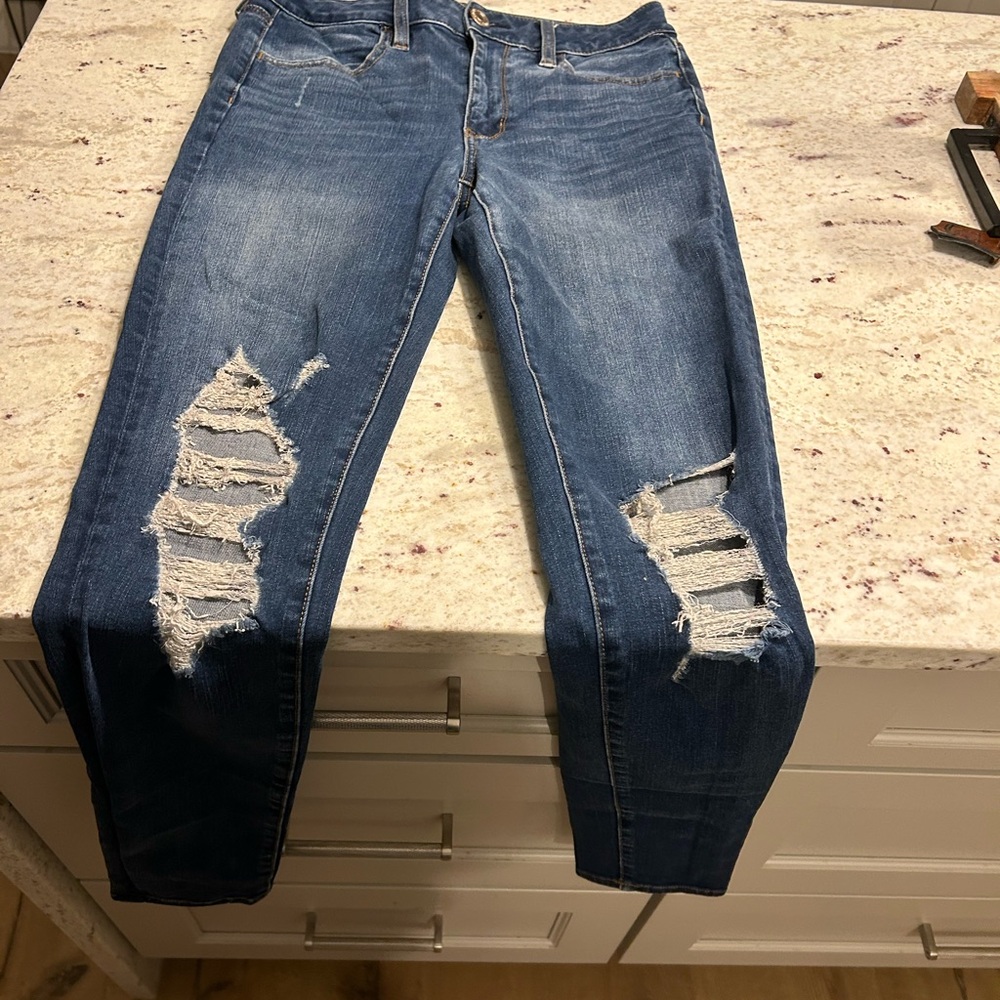 American Eagle Outfitters High Rise Blue Jeans with Distressed Knees